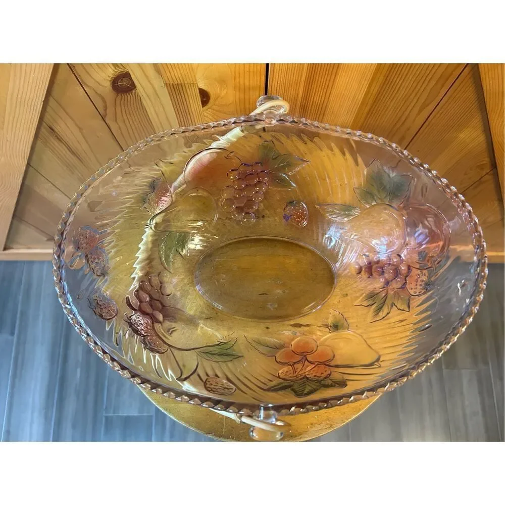ADERIA Vintage Glass Fruit Bowl Basket Has Handle Color Purple Pink Green Grapes